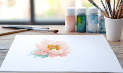 design of an elegant pink peony flower with a watercolor splash, painted on white paper, Generative AI