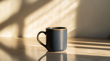 A ceramic coffee mug with a matte finish, positioned on a sleek kitchen countertop