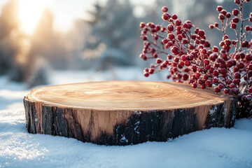 Tree stump with red berries on snowy ground in winter sunrise scene