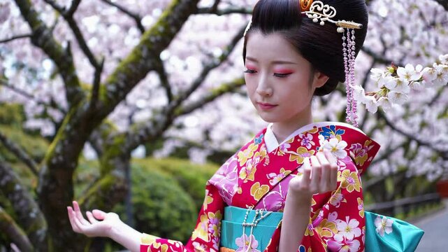 A Maiko is walking along a row of cherry blossom trees.