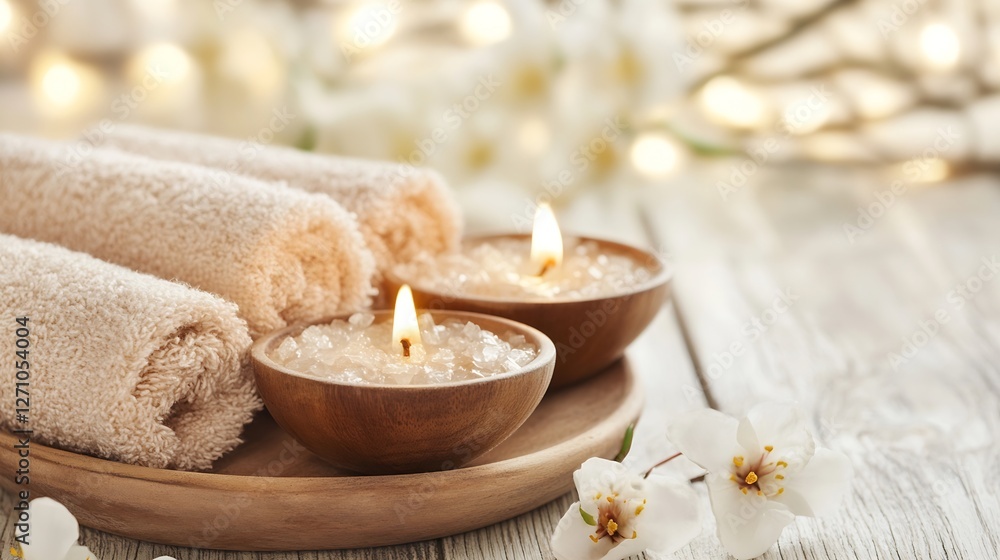 Poster relaxing spa setting with soft towels and candles for a peaceful experience : generative ai