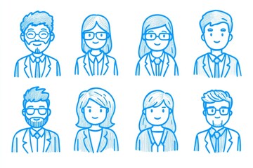 Fototapeta premium An assortment of blue line art icons with avatar-style people silhouettes, isolated on a white background