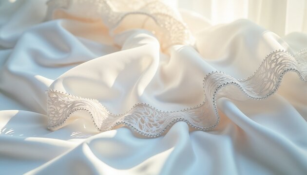 Wedding bride's veil with lace borders, delicately folded on a white satin surface. Morning natural light. Bridal gown accessories. Spring Wedding Expo