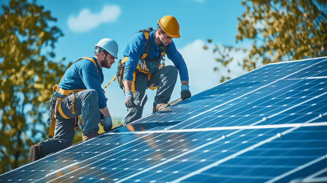 Energy Installers at Work: Two skilled installers collaborate on a rooftop, carefully arranging solar panels against a backdrop of a bright, blue sky. A picture perfect scene to illustrate the future.