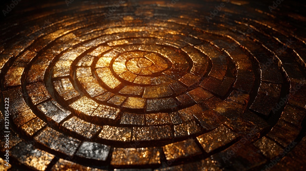 Poster a symmetrical circular pattern created with various shades on a wooden table surface