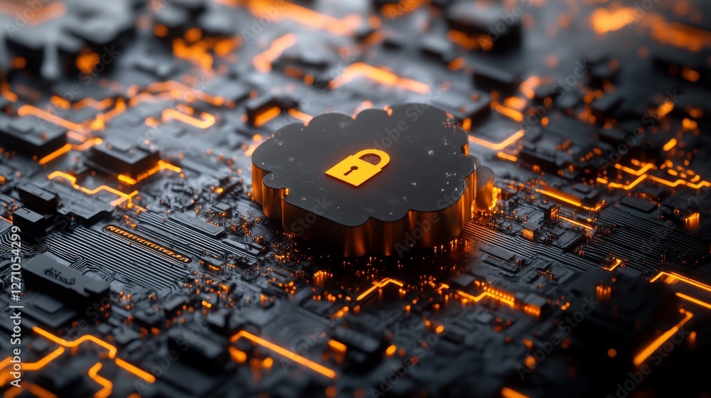Poster a futuristic concept of cloud security featuring a glowing neon padlock and intricate circuit patter