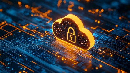 A contemporary depiction of cybersecurity features a glowing cloud icon with a central padlock, illuminated by vivid orange and blue lights, intricate circuits, and digital data effects, all set