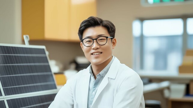 The Future is Bright: A determined Asian scientist, in a lab coat, beams with confidence beside solar panels, symbolizing clean energy and innovation, capturing scientific exploration.