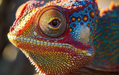 Fototapeta premium A vibrant chameleon textured skin in extreme close up