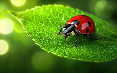 A vibrant ladybug crawling on a fresh green leaf