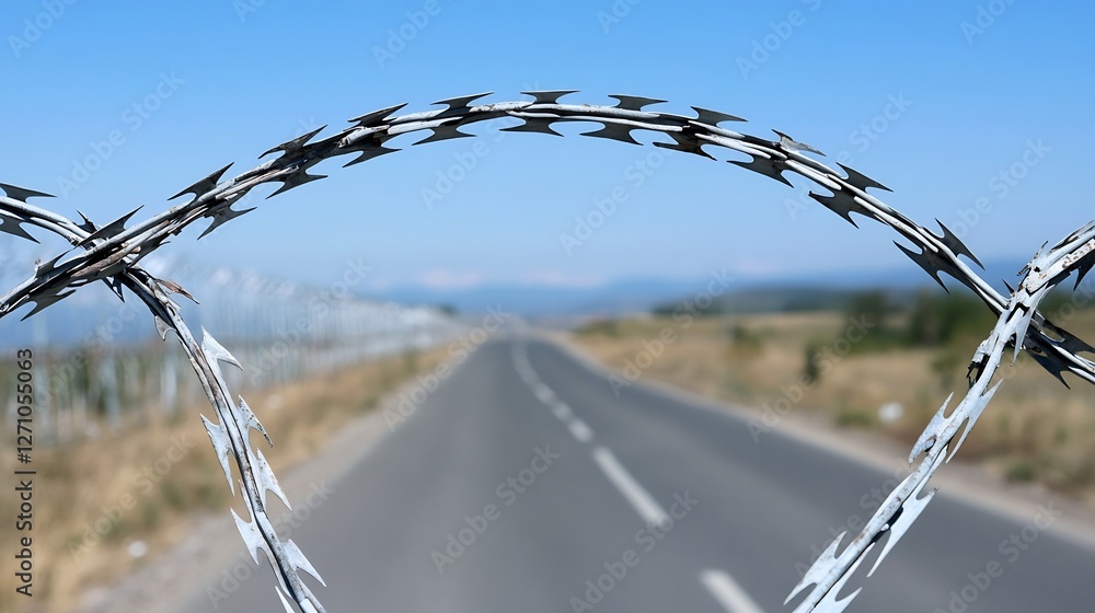 Aufkleber Stark view of a deserted road framed by barbed wire highlighting themes of isolation and boundary : Generative AI
