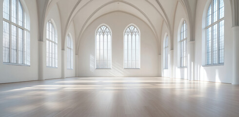 Obraz premium Bright, expansive room features white walls and arched windows that fill the space with natural light, creating a serene atmosphere