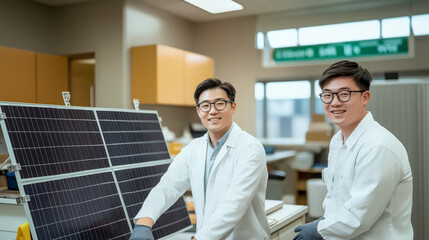 Fototapeta premium Innovation in Action: Two smiling scientists, clad in lab coats, stand alongside solar panels in a clean, well-lit laboratory, signifying progress. 