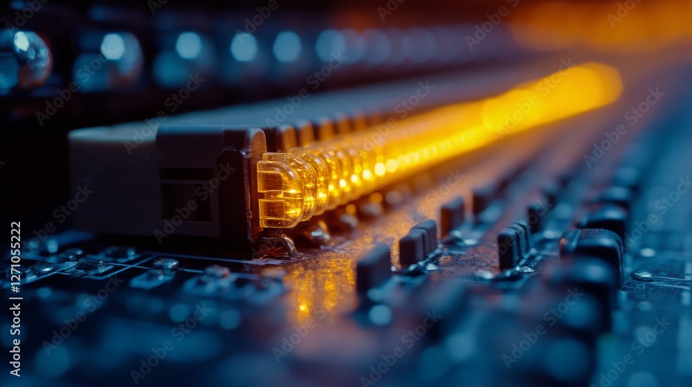 Poster a modern data center concept featuring a close-up of a luminous network switch with several ethernet