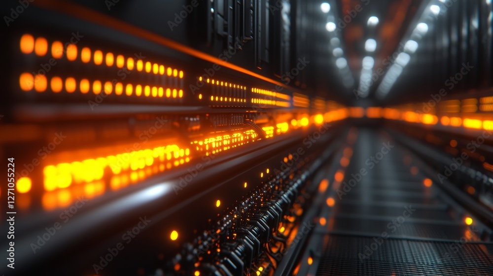 Poster a futuristic concept of a data center, focusing on a glowing network switch surrounded by multiple e