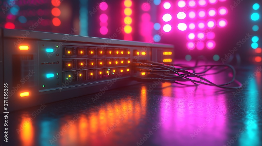 Poster a cutting-edge network switch with glowing ethernet cables in a high-performance data center, accent