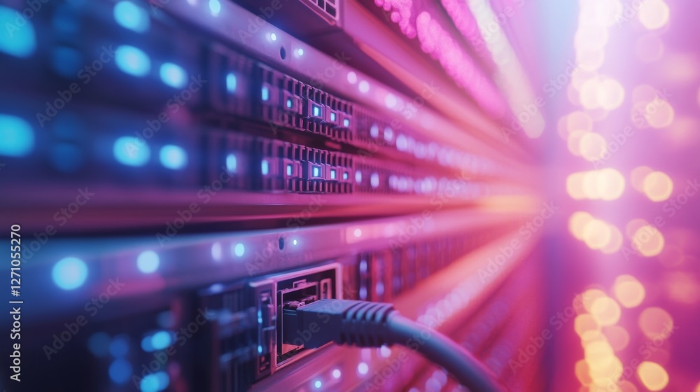 Poster with neon light trails and dynamic, vibrant designs, a futuristic network switch featuring illuminat