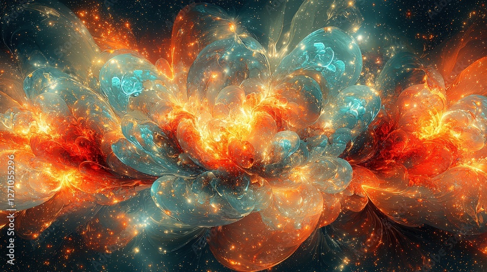 Fototapete Computer screen displaying an array of lively orange and blue flower graphics in modern workspace