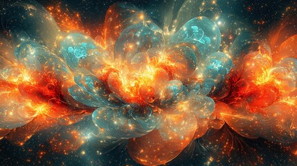 Computer screen displaying an array of lively orange and blue flower graphics in modern workspace