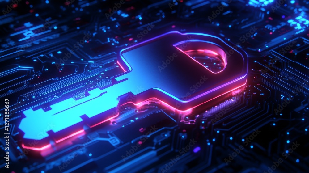 Poster a cutting-edge digital key displayed on a vivid, complex circuit board with neon lights, representin