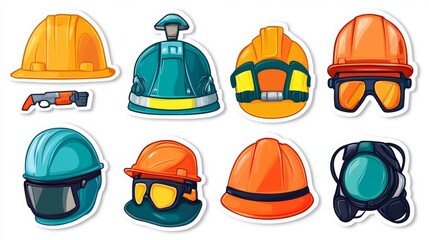 A complete collection of vital worker safety equipment, featuring a high visibility vest, protective hard hat, safety glasses, work gloves, and earplugs, laid out neatly and organized in a flat