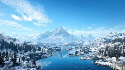 Obraz premium Snowy Mountain Lake Winter Landscape