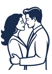 Modern Line Art Cartoon of a Male and Female Couple in Back View, Isolated on a White Background