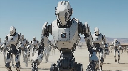 Robot army marching desert landscape; futuristic war scene; sci-fi film