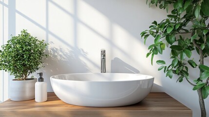 Fototapeta premium A white vanity featuring a ceramic sink and faucet, set in a modern white bathroom interior, showcasing a detailed concept