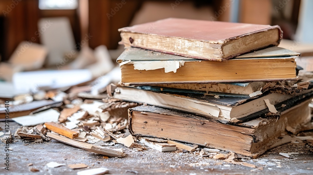 Poster a close view of a stack of old dusty books revealing the beauty of forgotten literature in a rustic 