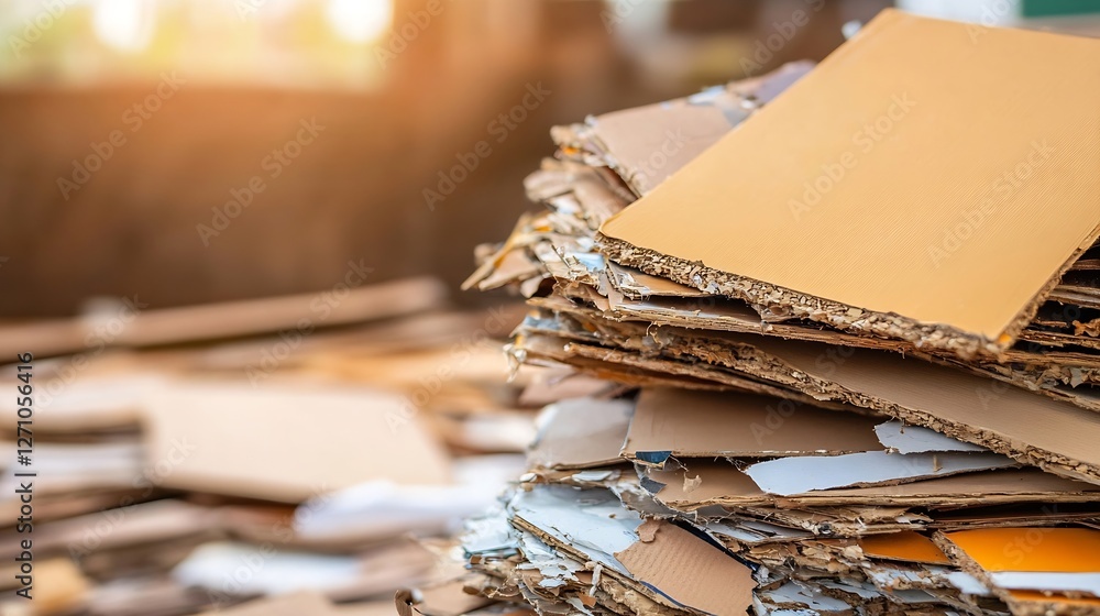 Aufkleber An organized pile of cardboard boxes showing the texture and layers of recycling materials in sunlight : Generative AI