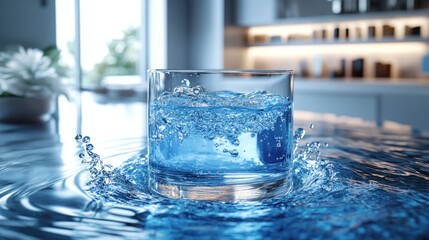 Splashing Water Glass, Modern Kitchen, Sunny Day