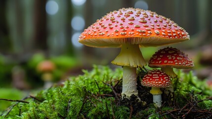 Fototapeta premium Freshness Fungus Growth, Vibrant Red Fly Agaric Mushrooms Amid Mossy Forest Foliage in Magical Atmosphere
