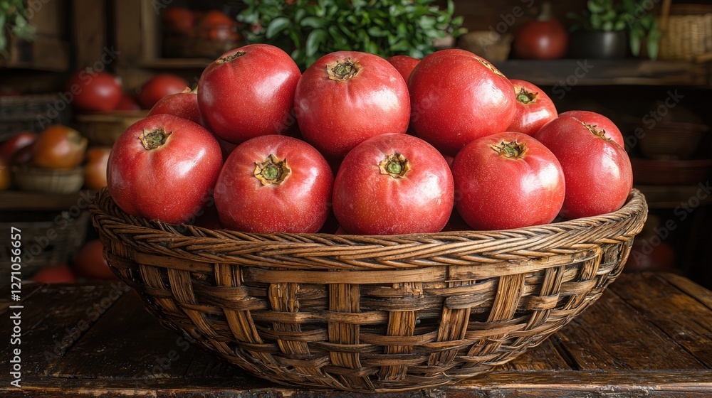 Poster a rustic basket overflowing with fresh red apples resting on a wooden table for autumn vibes