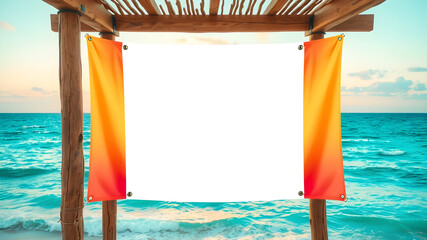 A vibrant banner mockup hung on a wooden structure at a beach music festival. The blank space is perfect for custom branding or event info, with the ocean and sunset adding an energetic, lively vibe.