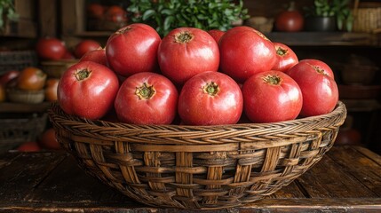 A rustic basket overflowing with fresh red apples resting on a wooden table for autumn vibes