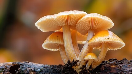 Freshness Fungus Growth, Macro Details of Vibrant Mushrooms Growing on a Fallen Woodland Log