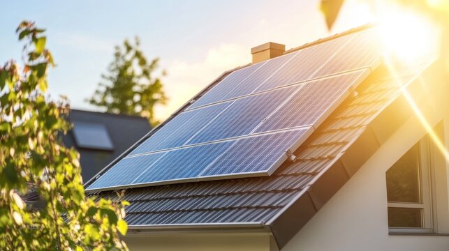 Sunlight bathes solar panels on roof reflecting sustainable energy future