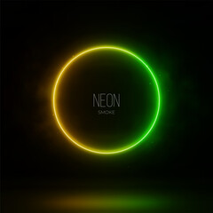 Neon Green Yellow gradient circle with smoke on dark background. 3D render abstract light vector illustration.