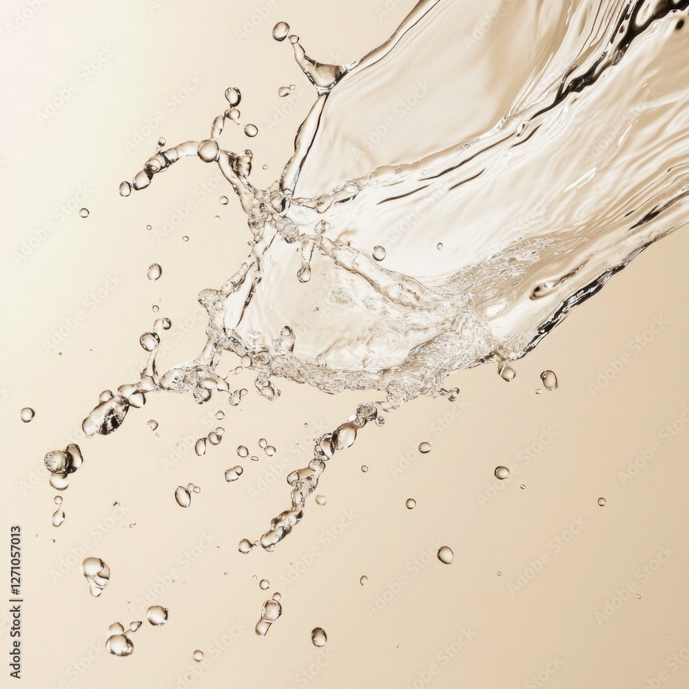 Poster Vibrant droplets leap from a beautiful cascade of clean water, creating an enchanting display. The smooth flow and gentle splashes capture a moment of refreshing tranquility