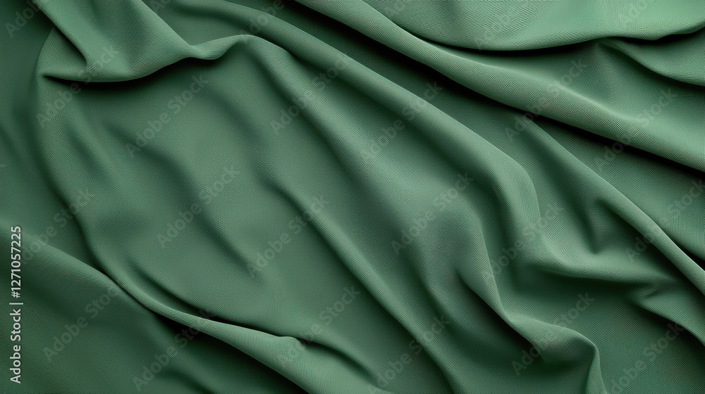 Poster close-up of elegant green fabric texture with smooth waves and folds, ideal for abstract backgrounds