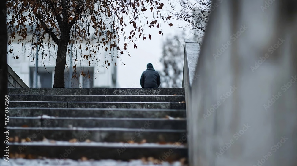 Poster lonely figure sitting on steps surrounded by barren leaves and winter hues : generative ai