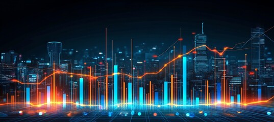 Illuminated City Skyline with Financial Charts, Visualizing Market Trends and Data Analysis.