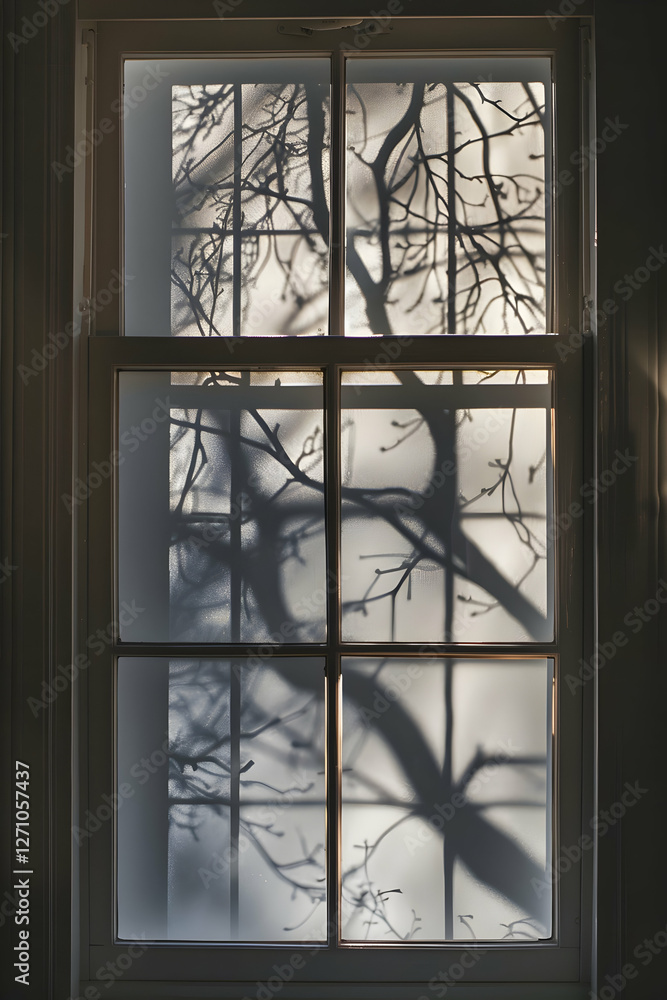 Poster silhouetted tree branches cast shadows through a window, creating a serene indoor atmosphere