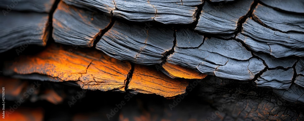 Poster volcanic landscapes concept. close-up of charred wood displaying unique textures and colors from bur