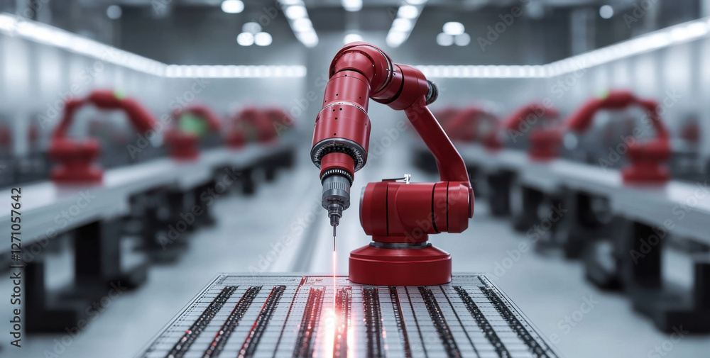 Aufkleber robotic arm meticulously welds components on an assembly line, showcasing advanced technology in a c