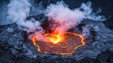 Volcanic landscapes concept. A breathtaking aerial view of an erupting volcano spewing lava and smoke.