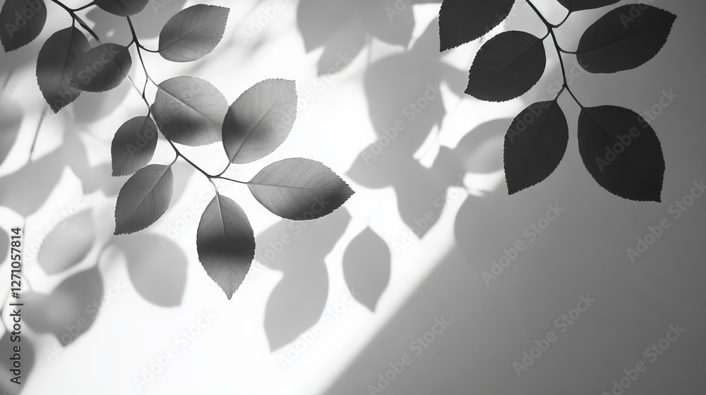 Poster falling abstract shadows of tree leaves create a tranquil organic visual on a pristine white wall, h