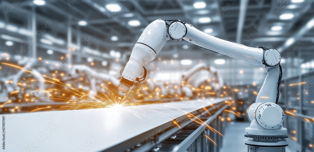 Poster robotic arm performs precise welding on a production line, creating sparks in a spacious manufacturi