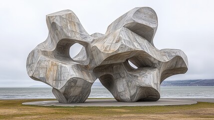 Large and striking sculpture on the beach surrounded by soft sand and glittering waters
